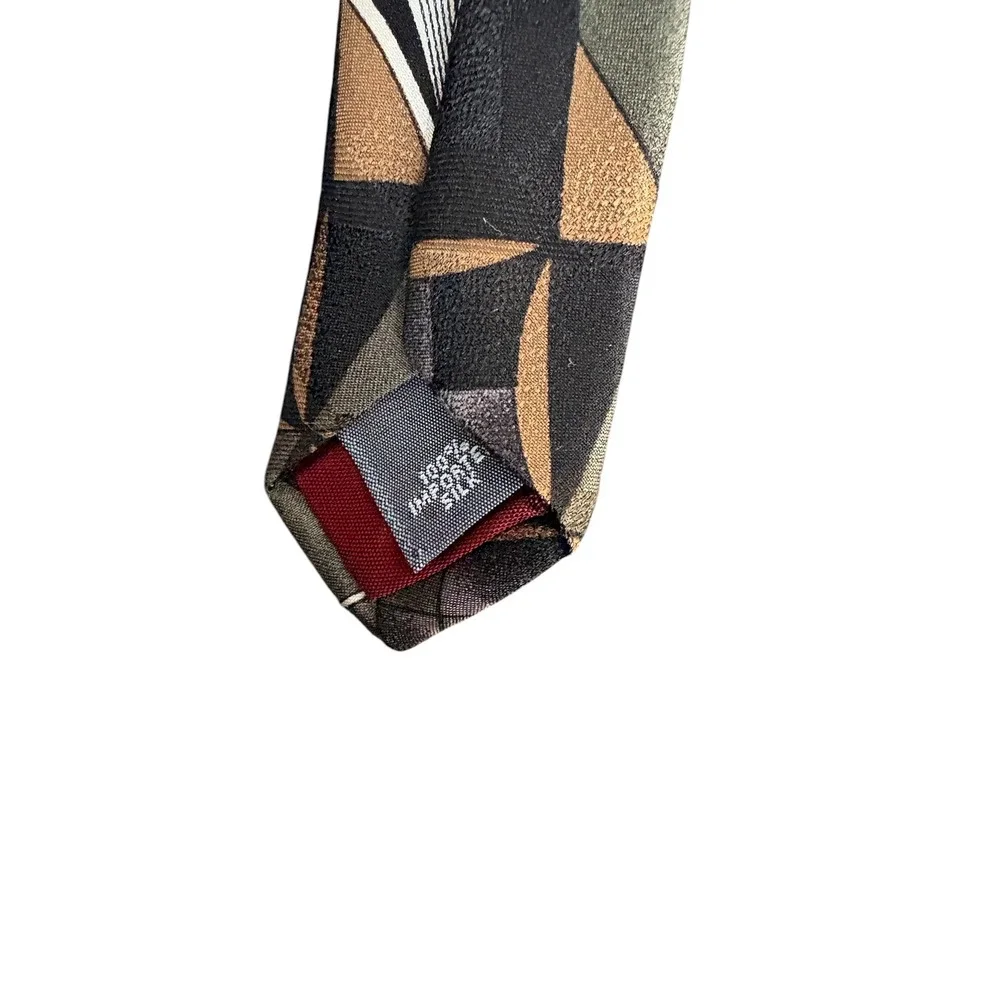 L'Atelier Men's Geometric Neck Tie Green Black Tan Abstract USA Made 58